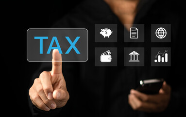 E-tax, Businessman show TAX for Individual income tax return form online for tax payment concept. Government, state taxes. Data analysis, paperwork, financial research, report. Calculation tax return.