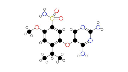 gefapixant molecule, structural chemical formula, ball-and-stick model, isolated image lyfnua