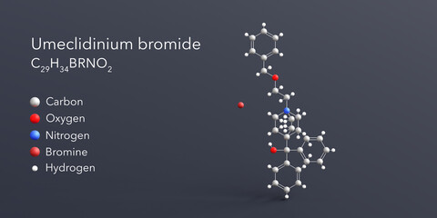 umeclidinium bromide molecule 3d rendering, flat molecular structure with chemical formula and atoms color coding