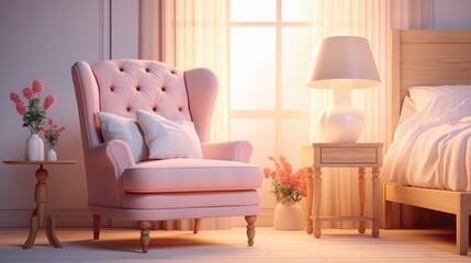 Paste pink armchair and lamp in elegant bedroom interior with comfortable bed with pillows, blanket and duvet, warm carpet on floor