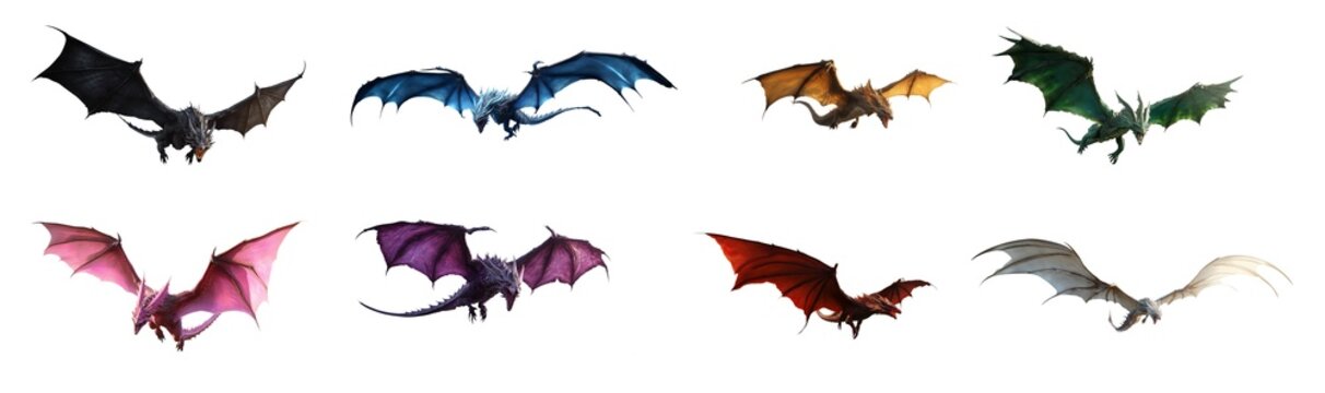 Set of dragons in flight - various colors - mythological creature collection - premium pen tool cutout - transparent background - isolated PNG 