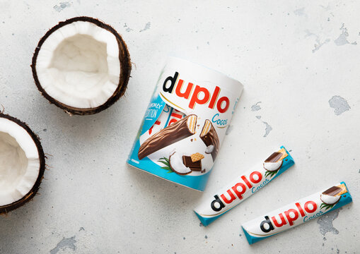 LONDON, UK - NOVEMBER 20, 2023: Pack of Duplo summer edition chocolate with coconut on light background.