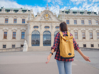 Female tourist traveling in Austria, capital city Vienna. summer female solo trip to Europe, happy...