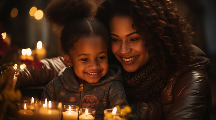 Obraz na płótnie Canvas Smiling black woman with curly hair hugs her small daughter, lights of candles around them, evening time, soft light, happiness. Created with generative AI 