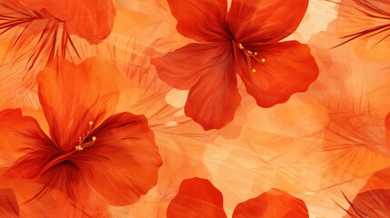  a close up of red flowers on a yellow and orange background with a blurry image of the petals of a flower.