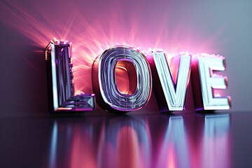 Celebrate Valentine's Day with an enchanting display: the word "love" elegantly crafted from reflective silver and glass surfaces against a warm pink and red background, radiating romance 
