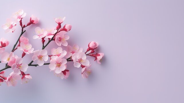 Pink spring cherry blossom flowers. Spring banner. blossoming cherry background with pink, landscape panorama, copy space.