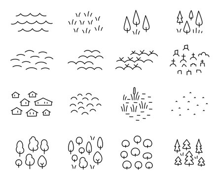 Design map legend symbolization elements kit. Editable outline. Vector line icons.