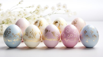  a row of painted eggs sitting on top of a white table next to a vase with white flowers in it.