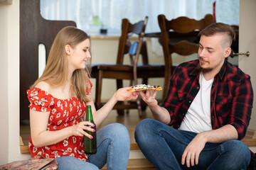 Weekend party for friends over beer and pizza