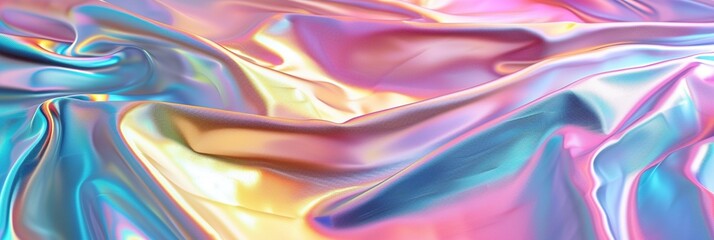 A captivating photo captures the essence of a pastel holographic fabric background, radiating holography and iridescence. In the style of an angelic photograph, the high detail and neon hallucinations