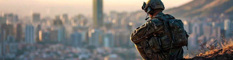 Naklejka premium A soldier looks at the city from a high vantage point. AI generated.
