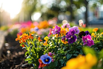 spring flower bed, colorful, arranging, blooming