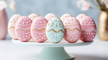  a white cake plate with pink and blue decorated eggs on it and a gold vase with flowers in the background.
