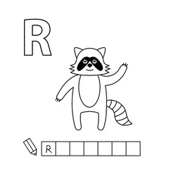 Cartoon raccoon coloring pages. Learning game for small children - write a word in English language. Vector alphabet for kids