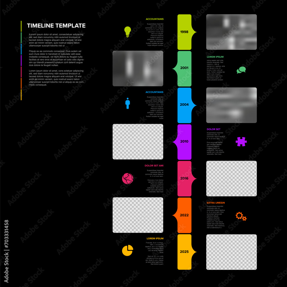 Poster simple dark vertical timeline process infographic with color blocks and photo placeholders