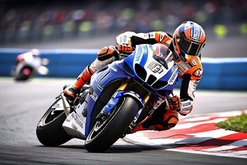 Motorcycle on the Race Track, Dynamic Concept Art Illustration, High Speed. Superbike Race. MotoGP. Motorbikes. - obrazy, fototapety, plakaty