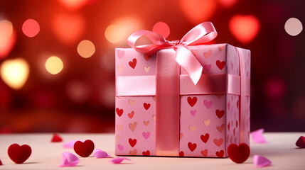 Pink gift box with red hearts and pink bow in interior on the background of bokeh effect.