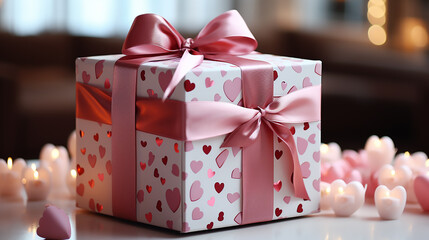 Gift box with hearts and pink bows in interior background
