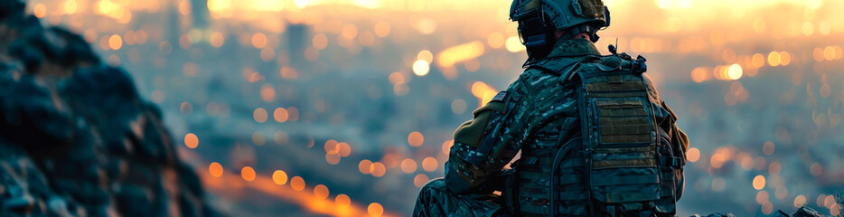 A soldier looks at the city from a high vantage point. AI generated. - obrazy, fototapety, plakaty