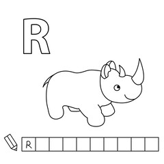 Cartoon rhinoceros coloring pages. Learning game for small children - write a word in English language. Vector alphabet for kids