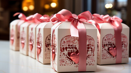 Gift boxes with heart and pink bows in interior