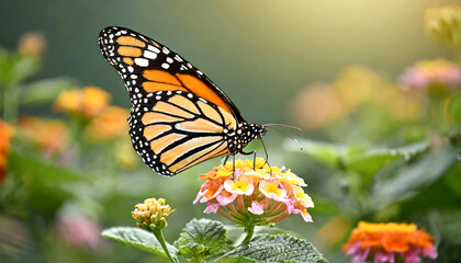 Obraz premium Nature's Ballet: Monarch Butterfly Adorning a Lantana Flower