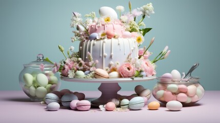  a cake sitting on top of a table next to a jar filled with candies and marshmallows.