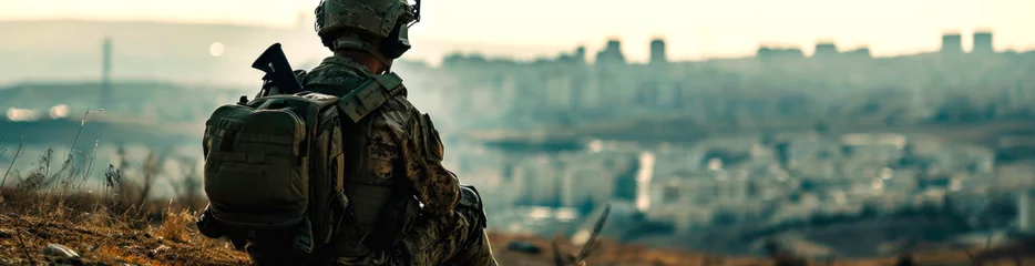 Deurstickers A soldier looks at the city from a high vantage point. AI generated. © millenius