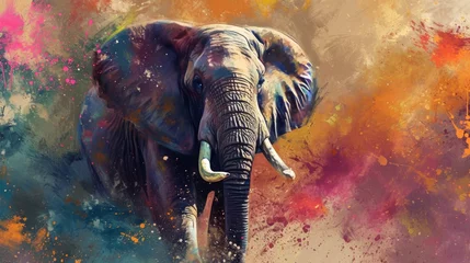 Zelfklevend Fotobehang Portrait face of an elephant with colorful paint. © loran4a