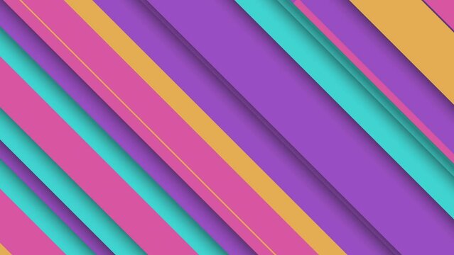 Trendy colorful striped pattern background with gently moving diagonal stripes in vibrant color tones - purple, pink, yellow. This abstract motion background animation is 4K and a seamless loop.