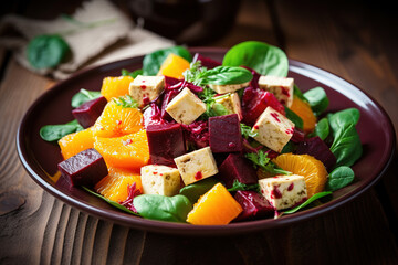 salad with beets, spinach, orange, tofu in plate on wooden table background