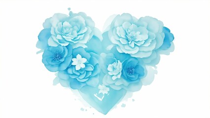 Cyan Watercolor Flowers in Shape of Heart on White Background