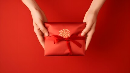 A red envelope, vertical style, holding by hand isolated on red background. Hongbao packet for lucky money gift in Chinese lunar, new year on January month, wedding red packet.
