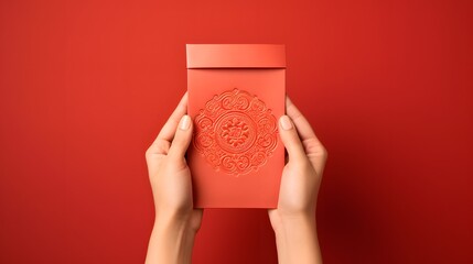 A red envelope, vertical style, holding by hand isolated on red background. Hongbao packet for lucky money gift in Chinese lunar, new year on January month, wedding red packet. - obrazy, fototapety, plakaty