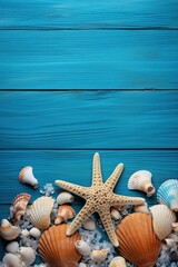 Divers coquillages et étoiles de mer sur un fond bleu en bois