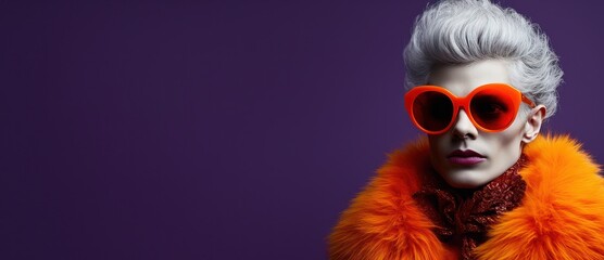 Fototapeta premium Une jeune femme avec des lunettes, habillée avec style, arrière-plan de couleur violet