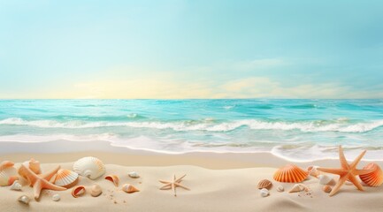 Divers coquillages et étoiles de mer sur une plage, arrière-plan de paysage de vacances