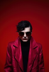 Obraz premium Un jeune homme avec des lunettes, habillé avec style, arrière-plan de couleur rouge