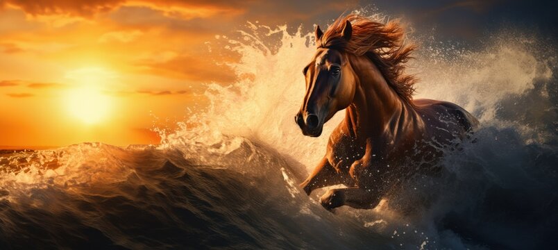 Un cheval galopant sur une plage au bord de la mer au coucher du soleil