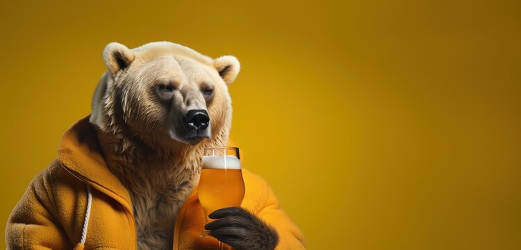 Un ours blanc buvant une bi&egrave;re, arri&egrave;re-plan jaune