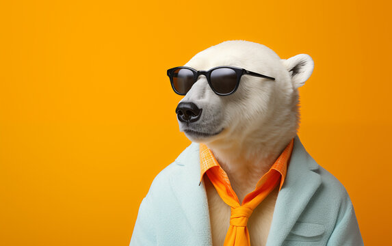 Un ours blanc avec des lunettes et un costume, arrière-plan orange