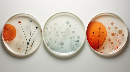  three plates with different designs on them sitting on a white surface, one of them is orange and the other is white.