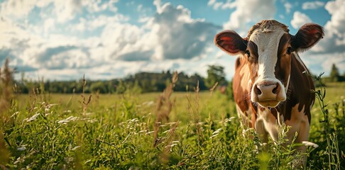 Une vache laitière dans un champ d'herbe en plein été - obrazy, fototapety, plakaty
