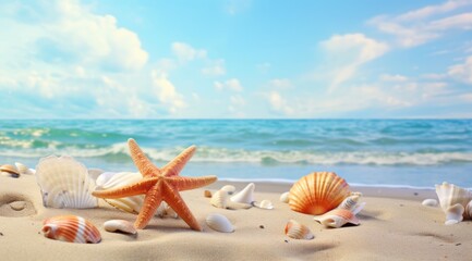 Divers coquillages et étoiles de mer sur une plage, arrière-plan de paysage de vacances