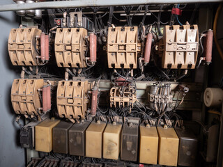 Electrical control panel with circuit breakers, closeup