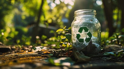 glass jar adorned with the universal recycling symbol, set against a lush forest backdrop, symbolizing eco-friendly packaging solutions for a sustainable, zero waste lifestyle.