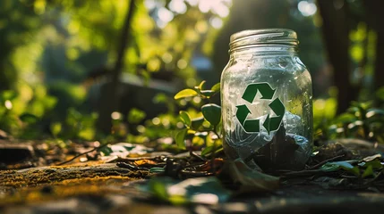 Fotobehang glass jar adorned with the universal recycling symbol, set against a lush forest backdrop, symbolizing eco-friendly packaging solutions for a sustainable, zero waste lifestyle. © TensorSpark