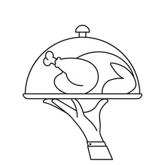 Elegant waiter hand holding serving tray with baked bird under cloche. Vector outline illustration