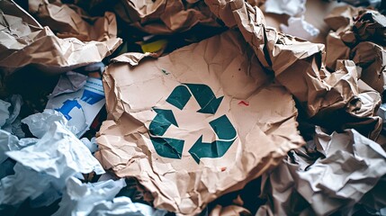 A pile of assorted paper and cardboard materials marked with the universal recycling symbol, set against a neutral background to promote environmental conservation and sustainable practices. - obrazy, fototapety, plakaty